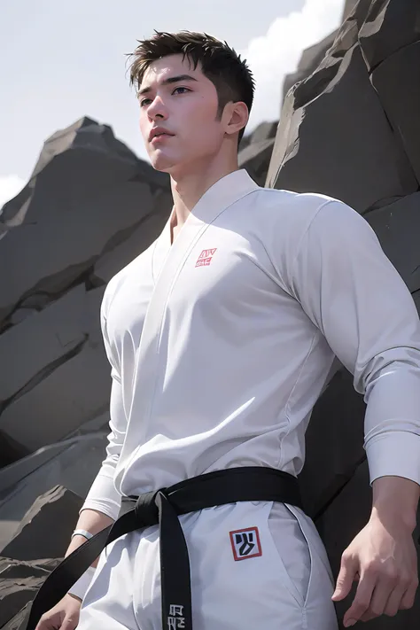 cinematic lighting, 1boy, hansome,long hair, full body, , Tour_of_scenic_areas_by_kayak, looking at viewer, from below, realstic:1.2, white TaeKwonDo uniforms, jump front kick,<lora:TaeKwonDoBok-07:0.8>