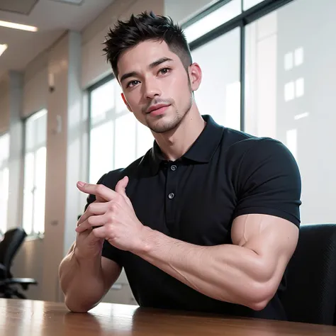 1boy, standing, best quality, masterpiece, RAW, close up, bodybuilder, photorealistic render, portrait view, office room, a muscular man wearing black polo shirt standing in front of the camera, look at the camera, big muscle, tanned skin, modern office interior, smiling, upper body shot, handsome face, high detail, brown eyes, medium shot view, realistic body proportion, perfect body, cinematic lighting, cinematic view, dramatic lighting, intricate, The artwork should be centered, nice finger pose, minimalist house background, sunny day,