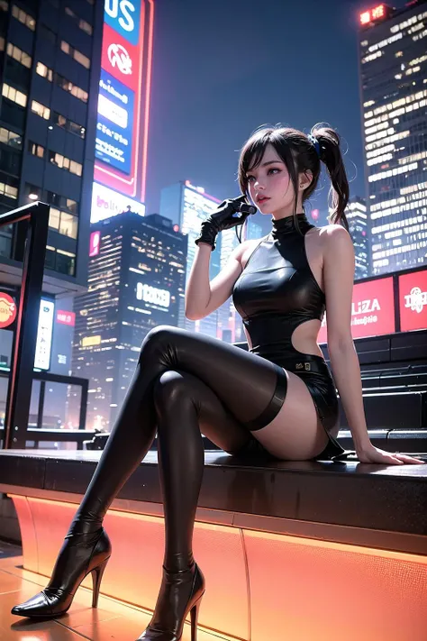 A photograph of a person with earphones sitting of a rooftop, futuristic city in background, colorful, highly detailed, 8k, cyberpunk, intricate details, Leica S3, natural lighting, 85mm lens
