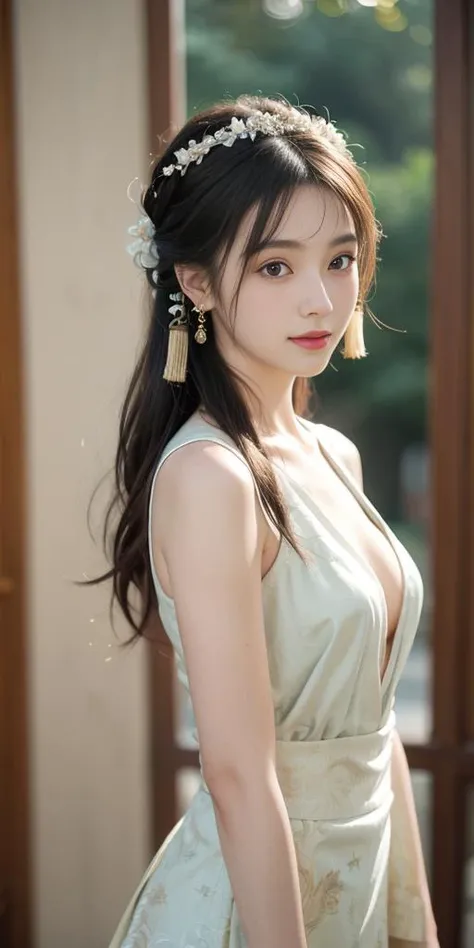 (looking at viewer,close in viewer,front view photo:1.6),cleavage,small breasts,(beauty hair,ostentatious hair accessories,gorgeous hair accessories,light smile:1.15),1girl,light smile,happy,((((upper body,real face photo,indoor background,background blur)))),big eyes,analog style,physically-based rendering,ultra-detailed,professional lighting, photon mapping,(outdoor,bokeh),(RAW photo, best quality, masterpiece:1.3), (realistic, photo-realistic:1.3),detailed facial features,slim girl,tassel, innocent, bangs,(pureerosface_v1:0.55) ,(ulzzang-6500-v1.1:0.75),(flower_style:0.05),<lora:bridal_hairstyle-10:0.1>,(bridal hairstyle:1.15),ear ring,hair bow,hair ring,bare shoulders, bare abdomen,cosplay style,(deep-V style hanfu with miniskirt:1.25),silk style,slim waist,a littie naked,narrow miniskirt,<lora:hanfu_v29:0.12>,<lora:hanfu_v28:0.12>,<lora:hanfu_v30:0.1>,<lora:hanfuMing30:0.1>,more colorful clothes,(real face photo:1.5),naked body with hanfu,more naked style,standing,deep-V style,