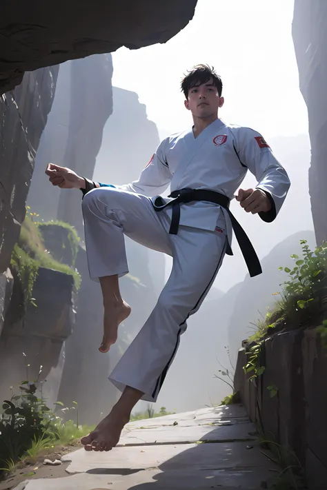 cinematic lighting, 1boy, hansome,long hair, full body, , An_outdoor_garden_with_a_variety_of_cactus_plants, looking at viewer, from below, realstic:1.2, white TaeKwonDo uniforms, jump front kick,<lora:TaeKwonDoBok-07:0.8>