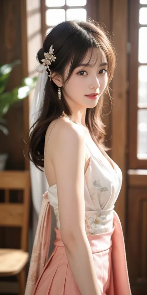 (looking at viewer,close in viewer:1.6),cleavage,small breasts,(beauty hair,ostentatious hair accessories,gorgeous hair accessories,light smile:1.15),1girl,light smile,happy,((((upper body,real face photo,indoor background,has window,background blur)))),big eyes,analog style,physically-based rendering,ultra-detailed,professional lighting, photon mapping,(outdoor,bokeh),(RAW photo, best quality, masterpiece:1.3), (realistic, photo-realistic:1.3),detailed facial features,slim girl,tassel, innocent, bangs,(pureerosface_v1:0.55) ,(ulzzang-6500-v1.1:0.75),(flower_style:0.05),<lora:bridal_hairstyle-10:0.1>,(bridal hairstyle:1.15),ear ring,hair bow,hair ring,bare shoulders, bare abdomen,cosplay style,(deep-V style hanfu with miniskirt:1.25),silk style,slim waist,a littie naked,narrow miniskirt,<lora:hanfu_v29:0.1>,<lora:hanfu_v28:0.12>,<lora:hanfu_v30:0.1>,<lora:hanfuMing30:0.1>,more colorful clothes,(front view photo,look at viewer,real face photo:1.5),naked body with hanfu,more naked style,
