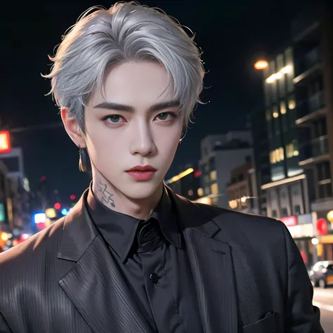 (8k photo, best quality, masterpiece:1.2),(realistic, photo-realistic:1.37) young ,handsome man, Mark Tuan, Got7, white skin, detail face, grey bright eye, white hair, black suit, bad boy, yakuza, tattoo, smoke cigarrate, a lots gangster night town in backdrop, action pose, skull earring, necklage, <lora:chineseMaleLikeness_chineseMaleLikeness3:0.72>  <lora:epiNoiseoffset_v2:0.5>   <lora:handsomeMan_v10:0.41>