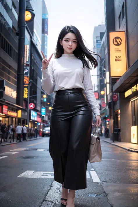 best quality, masterpiece, RAW, photorealistic render, digital imaging, a young beautiful woman with black hair walking on the street, loose clothes, loose pants, bangs, a long skirt, Japan city background, smiling,  a beautiful face, high detail,  1girl, brown eyes, medium shot view, realistic body proportion, perfect body anatomy, cinematic lighting, cinematic view, dramatic lighting,  half body shot, intricate, The artwork should be centered, modern Muslim fashion, nice finger pose, position the character in the center of the image, cyber city background, cityscape background, cinematic color correction, vivid color,