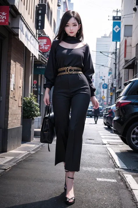 best quality, masterpiece, RAW, photorealistic render, digital imaging, a young beautiful woman with black hair walking on the street, loose clothes, loose pants, bangs, a long skirt, Japan city background, smiling, a beautiful face, high detail, 1girl, brown eyes, medium shot view, realistic body proportion, perfect body anatomy, cinematic lighting, cinematic view, dramatic lighting, half body shot, intricate, The artwork should be centered, modern Muslim fashion, nice finger pose, position the character in the center of the image, cyber city background, cityscape background, cinematic color correction, vivid color,
