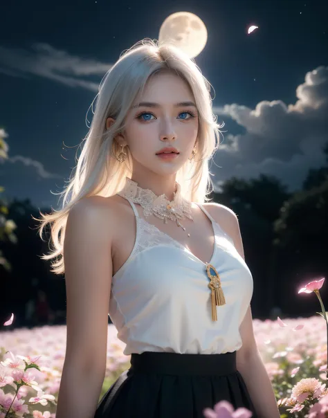 masterpiece, best quality, 1girl, cute lady, high priest, (colorful),(finely detailed beautiful eyes and detailed face),cinematic lighting, bust shot, extremely detailed CG unity 8k wallpaper, white hair, solo, smile, intricate skirt,((flying petal)),(Flowery meadow) sky, cloudy_sky, building, moonlight, moon, night, dark theme, light, fantasy,