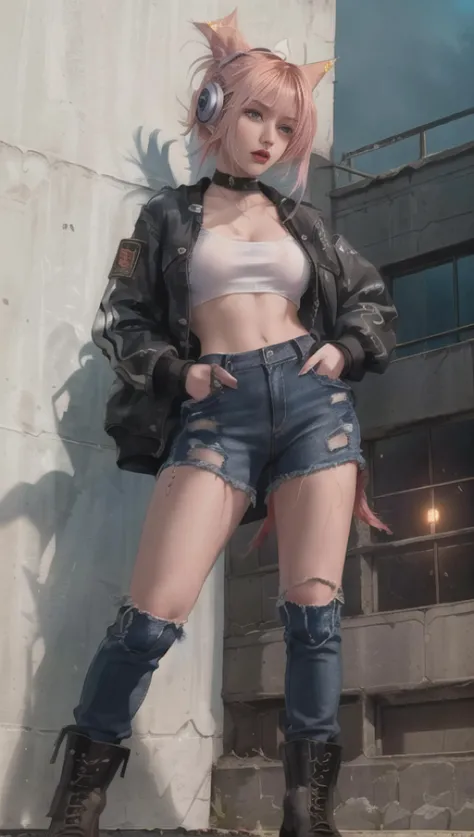 (film stock), (extremely detailed CG unity 8k wallpaper) full body portrait of a cyberpunk woman leaning on a wall in cyberpunk city street at night, (action scene), (wide angle), ((Night time)), city lights, ((neon cyberpunk city street:1. 3)), (neon lights), stars, moon, (film grain:1. 4), colored lighting, full body, cyberpunk woman in a futuristic city in a cyberpunk city, (hands in pockets), (leaning on wall), dynamic pose, ((rgb gamer headphones)), ((tanned skin:1. 3)), ((angry)), (angry eyebrows), scowl, (e-girl blush:1. 2) long hair, (freckles:0. 9), detailed symmetrical face, (dark crimson hair:1. 2), short hair, (messy hair bun), (undercut hair:1. 4), punk girl, ((tattoos)), alt girl, ((face piercings:1. 2)), ((fingerless gloves)), (brown eyes), many rings, reflective eyes, makeup, (red lipstick), (shiny lips), (white sclera), (sweat), ear piercings, detailed lighting, rim lighting, dramatic lighting, chiaroscuro, (white band shirt), ((ripped denim bomber jacket:1. 1)), (jean jacket), long sleeves, bracelets, (torn blue jean pants:1. 2)), (mom jeans), brick wall, (polluted sky), wall graffiti, ((doc martens)), ((combat boots)), (black shoelaces, muddy boots, (from below:1. 2), (wide angle lens), professional majestic impressionism oil painting by Waterhouse, John Constable, Ed Blinkey, Atey Ghailan, Studio Ghibli, by Jeremy Mann, Greg Manchess, Antonio Moro, trending on ArtStation, trending on CGSociety, Intricate, High Detail, dramatic, makoto shinkai kyoto, trending on artstation, trending on cg society, <lora:pang3pongLORA_v10:0.85> <lora:aToZovyaRPGArtists_v2Art:0.24> <lora:epiNoiseoffset_v2:0.6>
