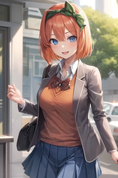 (masterpiece, absurdres:1.1), 1girl, nakano yotsuba, (orange hair:1.15), blazer, (vinous sweater:1.2), collared shirt, neck ribbon, blue skirt, short hair, (pointy green hair bow, green bowtie:1.2), [<lora:ddlc:1>:<lora:quintuplets:1>:12], school uniform, (parted lips, light smile, :D,  :0.9), [:(detailed face, detailed eyes:1.2):3],  <lora:add_detail:0.45>, (small breasts:0.5),