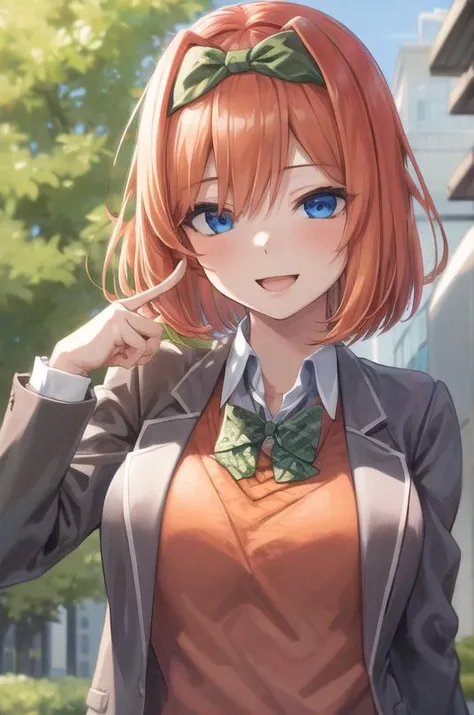 (masterpiece, absurdres:1.1), 1girl, nakano yotsuba, (orange hair:1.15), blazer, (brown sweater:1.2), collared shirt, neck ribbon, blue skirt, short hair, (pointy green hair bow, green bowtie:1.2), [<lora:ddlc:1>:<lora:quintuplets:1>:12], school uniform, (parted lips, light smile, :D,  :0.9), [:(detailed face, detailed eyes:1.2):3],  <lora:add_detail:0.45>, (small breasts:0.5),