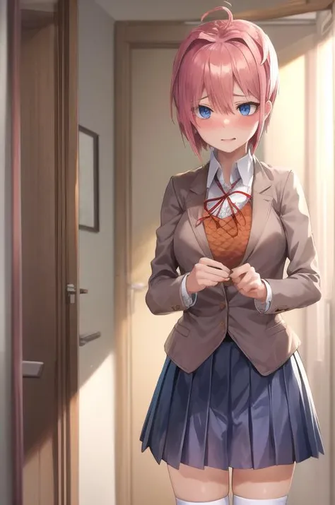 (masterpiece, absurdres:1.1), 1girl, [monika, green eyes, brown hair, very long hair, ponytail, hair ribbon, white ribbon, <lora:ddlc:1>:nakano ichika, pink hair, short hair, cardigan around waist, collared shirt, green skirt, blazer, <lora:quintuplets:1>:15], school uniform, (shy, embarrassed,  :1.1), [:(detailed face, detailed eyes:1.2):5],  <lora:add_detail:0.35>