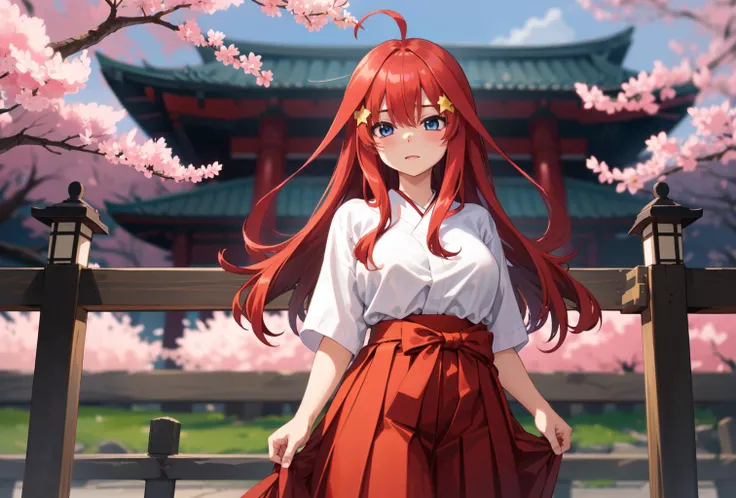 <lora:[Anime] Nakano:1>, nakano itsuki, red hair, long hair, star hair ornament, ahoge, (masterpiece:1.2), (best quality:1.15), extremely detailed, perfect lighting, japanese temple background, cherry blossoms,, hakama, (red hakama skirt:1.2), (white hakama shirt:1.2), hakama ribbon, (alternate costume:1.2)