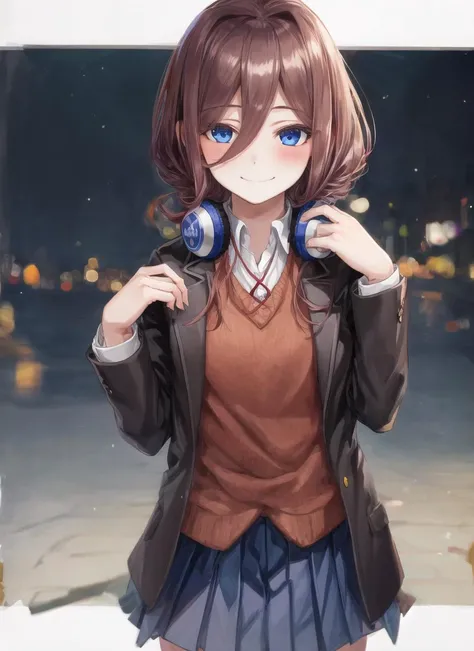 (masterpiece, absurdres:1.1), 1girl, nakano miku, dark brown hair, hair between eyes, (headphones:1.1), (dark blue skirt:0.9), (hair between eyes:1.2), (happy smile, looking at viewer,  :1.2), school uniform, happy, blush, [:(detailed face:1.2):3], (small breasts:0.45), dark theme, <lora:LowRA:0.25>, <lora:ddlc:1>, <lora:quintuplets:0.85>, <lora:add_detail:0.65>,