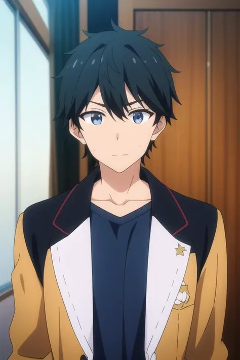 masterpiece, best quality, high quality, 1boy, solo, male focus, looking at viewer, upper body, <lora:masamune_makabe:0.68>, masamune_makabe, black hair, blue eyes, jacket