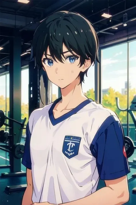 masterpiece, best quality, high quality, 1boy, solo, male focus, looking at viewer, upper body, <lora:masamune_makabe:0.72>, masamune_makabe, black hair, blue eyes, gym uniform