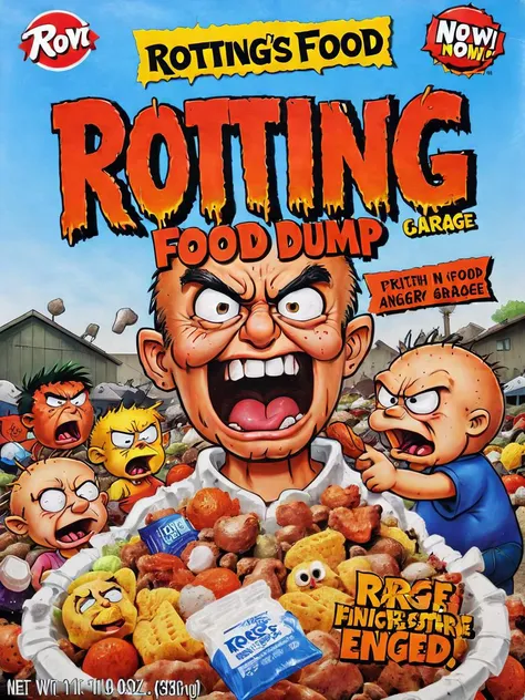 <lora:cereal_box_sdxl_v1:0.9> rotting food in garbage dump, trash, angry, enraged, crowd