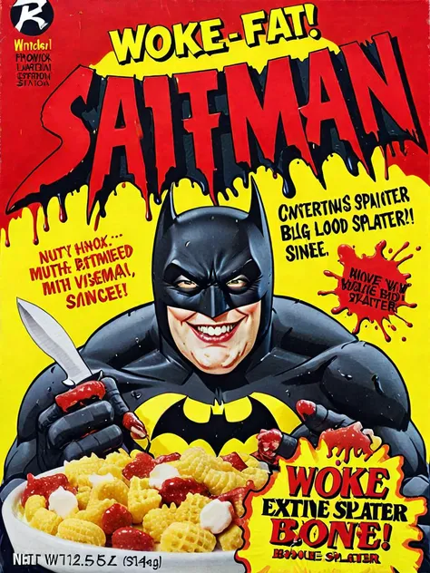(((woke!))), Fat Batman, nutritious, blood <lora:cereal_box_sdxl_v1:0.9> looking happy, holding big knife, blood splatter, viscera, sinew, bone, extremely detailed