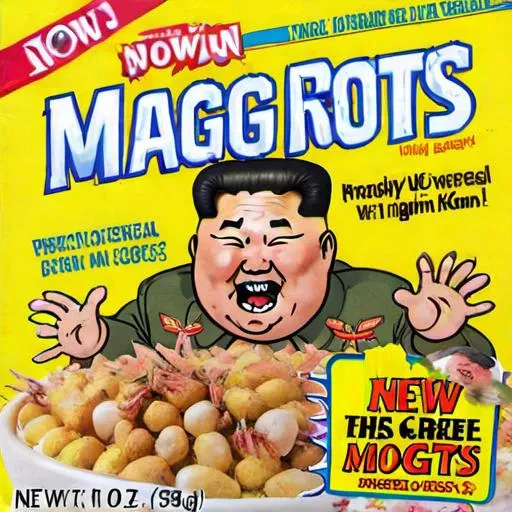 <lora:cereal_box_sdxl_v1:1> kim jong un maggots