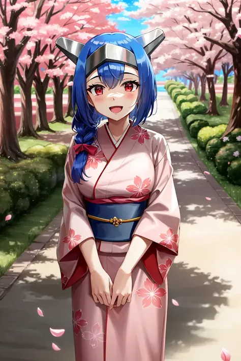 <lora:Lea:1>, leaCode, 1girls, red eyes, kimono, cherry blossoms, looking up, :D, excited, masterpiece, best quality,