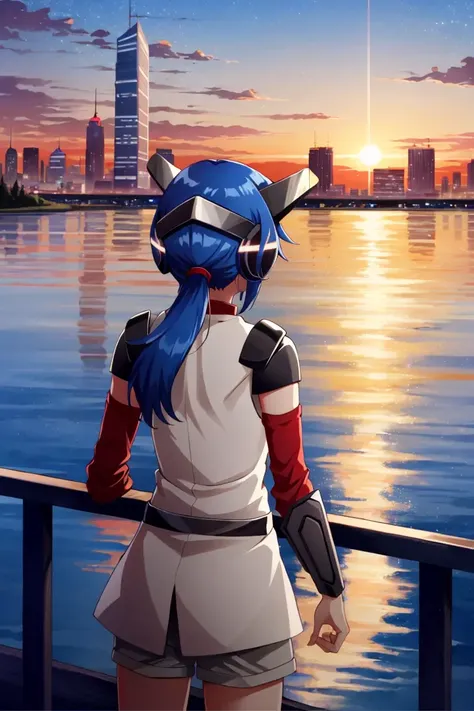 <lora:Lea:1>, leaCode, 1girl, solo, ponytail, red eyes, pauldrons, detached red sleeves, grey shorts, bracers, from behind, water, railing, looking away, floating hair, skyscraper, science fiction, sunset, looking afar,, masterpiece, best quality,