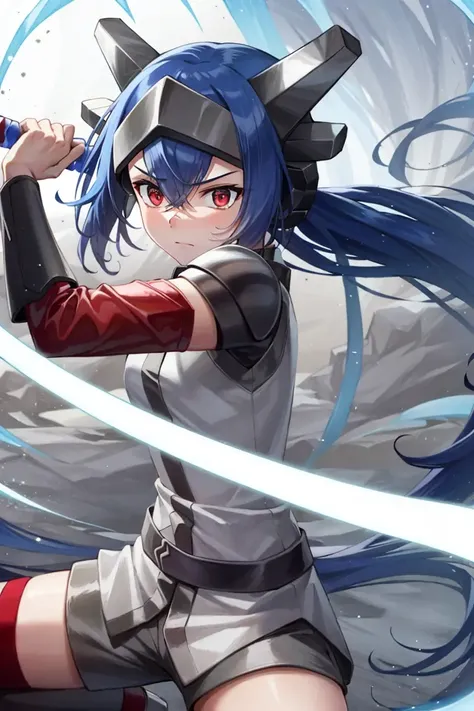 <lora:Lea:1>, leaCode, 1girl, solo, ponytail, red eyes, pauldrons, detached red sleeves, grey shorts, bracers, fighting stance, battle, holding weapon,, masterpiece, best quality,