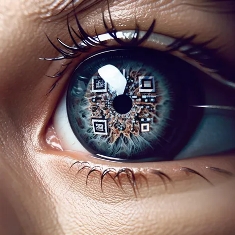 a realistic closeup photo of a personâs eyes, their pupils and irises are in the shape of QR Codes, a realistic closeup photo of a  personâs eyes
 <lora:QR_Irises:0.7>