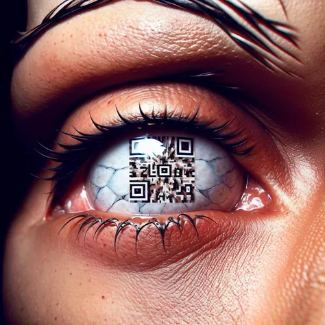 a realistic closeup photo of a personâs eyes, their pupils and irises are in the shape of QR Codes, qr code contact lens
<lora:QR_Irises:0.7>
