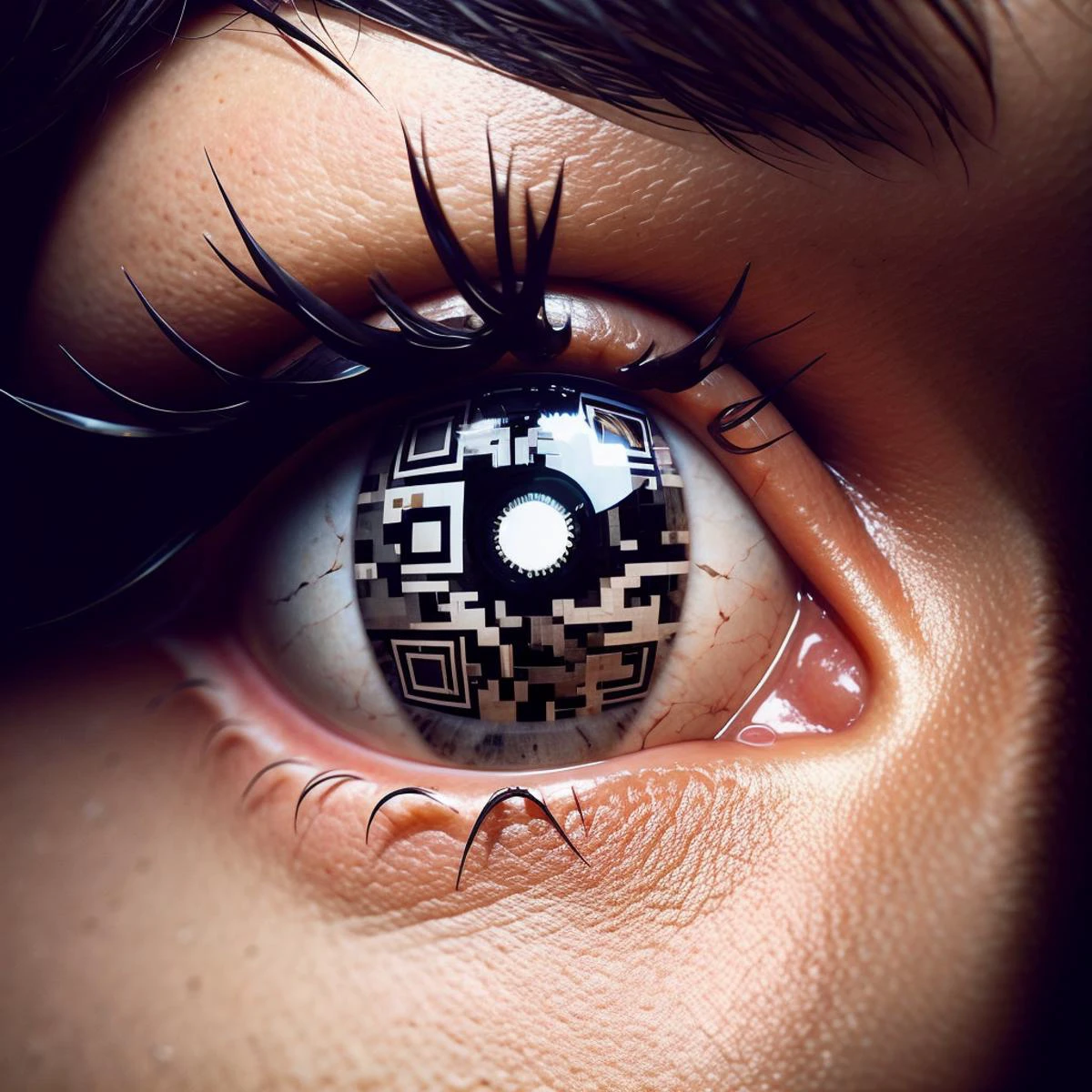 a realistic closeup photo of a personâs eyes, their pupils and irises are in the shape of QR Codes, qr code contact lens
<lora:QR_Irises:0.7>