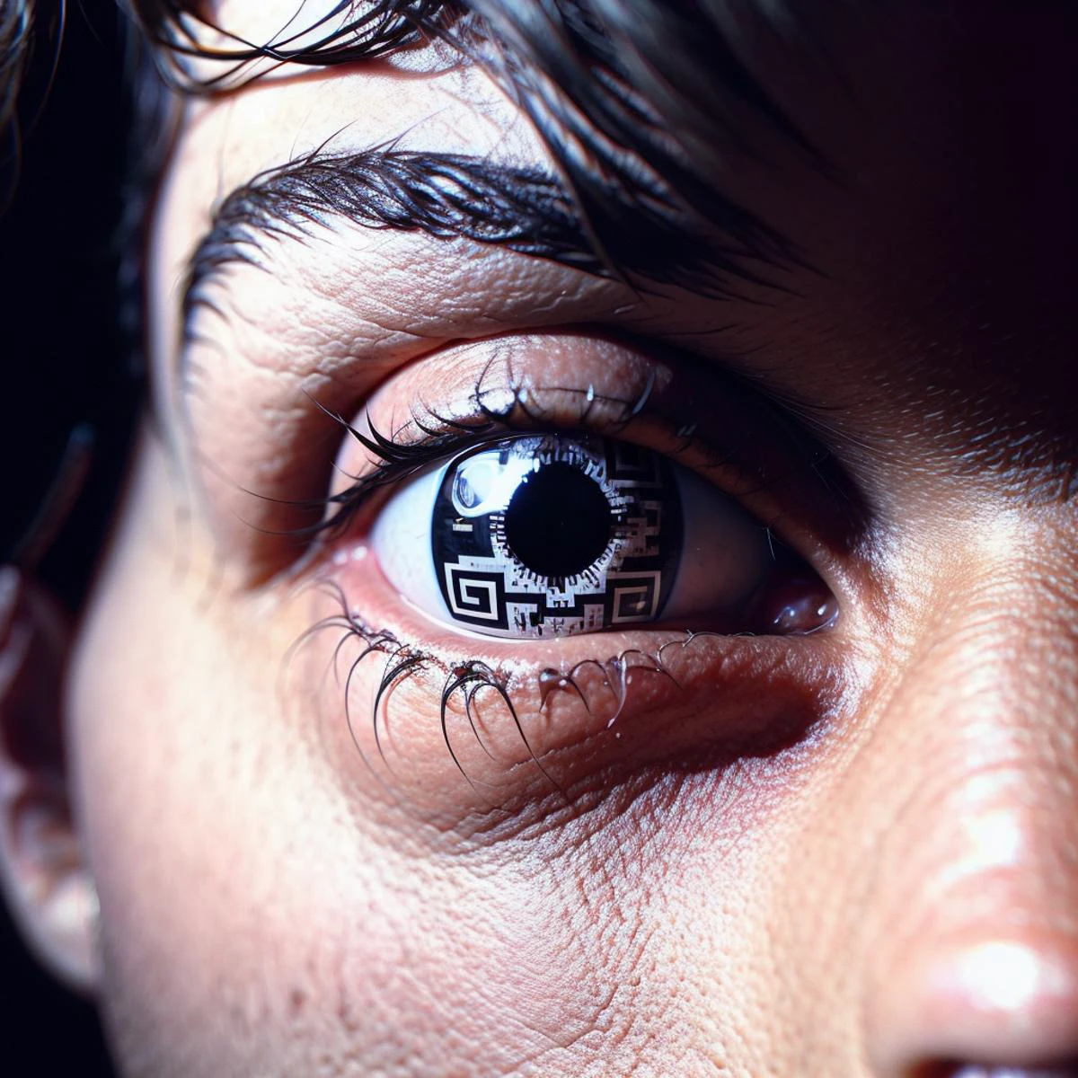 a realistic closeup photo of a personâs eyes, their pupils and irises are in the shape of QR Codes, qr code contact lens
<lora:QR_Irises:0.7>