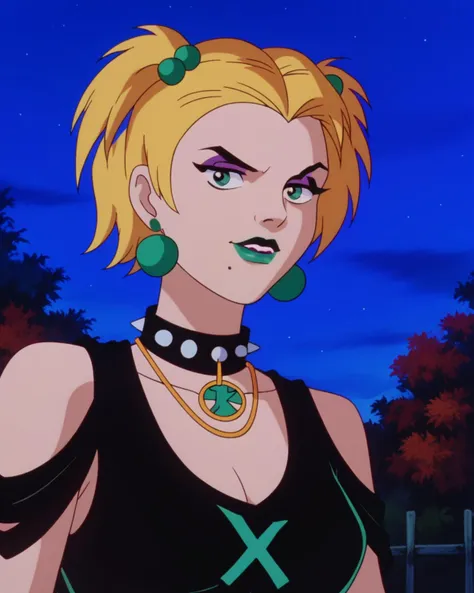 score_9, score_8_up, score_7_up, zPDXL, <lora:Scooby-Doo_1999_style:0.90> SD90style, retro artstyle, source_cartoon, 2D, goth fashion, Duskhex, Green lipstick, no eyebrows, green earrings, jewelry, blonde hair, spiked collar, mole under mouth, makeup, spikes, sky, hair ornament, choker, lipstick, hair bobbles, night, black eyes, short hair