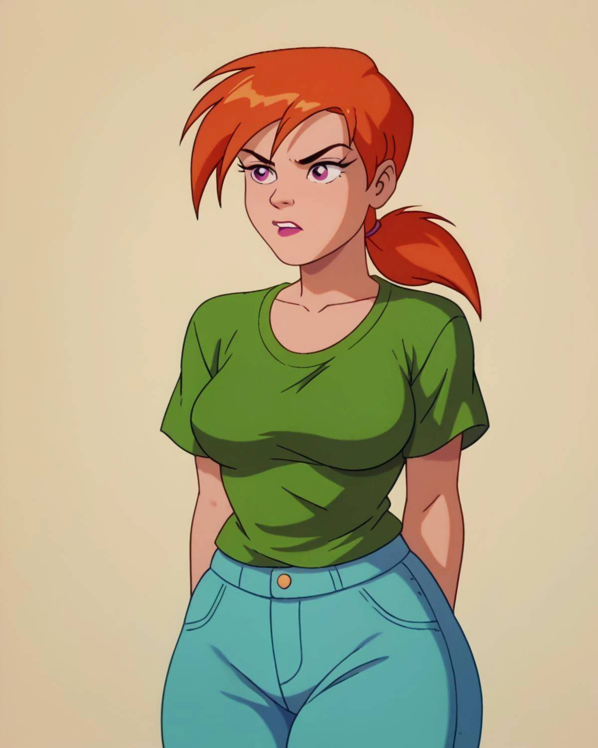 score_9, score_8_up, score_7_up, zPDXL, <lora:Scooby-Doo_1999_style:0.90> SD90style, retro artstyle, source_cartoon, 2D, <lora:vicky:0.95>vicky, ponytail, orange hair, green shirt, large breasts, thick thighs