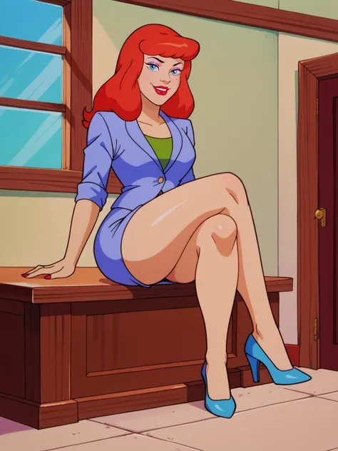 score_9, score_8_up, score_7_up, zPDXL, <lora:Scooby-Doo_1999_style:0.95> DaphneBlake, SD90style, retro artstyle, source_cartoon, 2D, 1girl, blue eyes, lipstick, makeup, red hair, parted lips, red lips, micro pencil skirt, smug, high heels, sexy legs, sitting, legs crossed, thick thighs, legs focus, [muscular legs]
