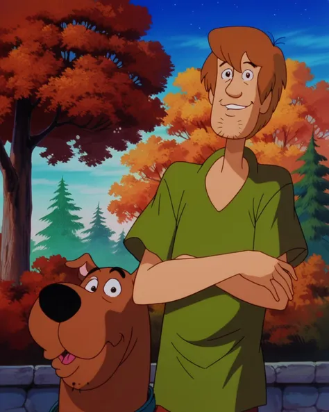 score_9, score_8_up, score_7_up, zPDXL,Shaggyrogers, chin stubble, SD90style, retro artstyle, source_cartoon, 2D, dog, brown fur, green shirt, male focus, 1boy, tree, night sky, facial hair, outdoors, brown hair, looking at viewer <lora:Scooby-Doo_1999_style:1>