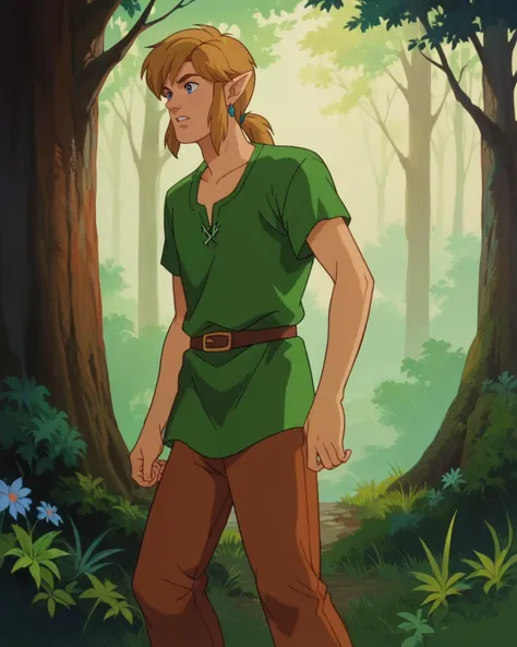 score_9, score_8_up, score_7_up, zPDXL, <lora:Scooby-Doo_1999_style:0.80> SD90style, retro artstyle, source_cartoon, 2D, 1boy, Link, green shirt, brown pants, woods