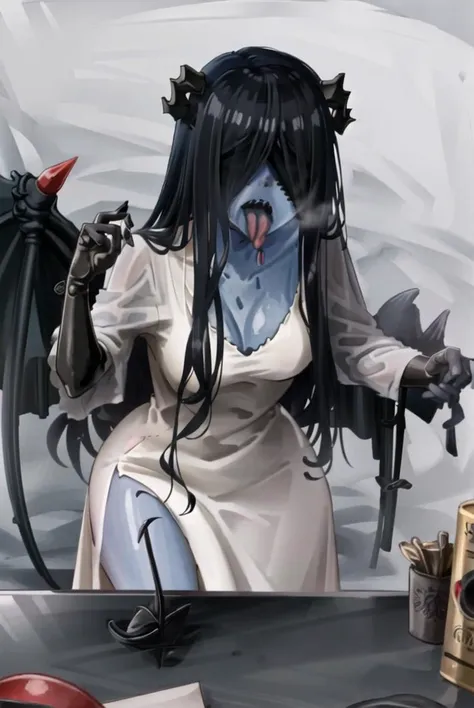 ((best quality)), ((highly detailed)), masterpiece, ((official art)), extremely detailed face, beautiful face, (detailed eyes, deep eyes), (1girl), <lora:changeACharacter_demonictv10:1>, DemonicT, colored skin, blue skin, black sclera, colored sclera, yellow eyes, demon wings, demon horns, slit pupils, <lora:yamamuraSadakoTheRing_v3:.5>, yamamura_sadako, very long hair, ((black hair)), hair over eyes), (eyes covered), (pale grey colored skin), (mouth open, sharp teeth, tongue out), (white dress), indoors, <lora:ConceptThroughScreen_v2:.8>, through_screen, TV, in a bedroom, (night sky), in a creepy forest, horror /(theme/)