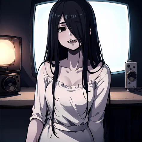 (1 teen girl, solo:1.4), <lora:sadako_v3:0.8>, yamamura_sadako, (grey skin), skinny, small breasts, creepy evil smile, crawling out of tv, (black eyes), hair over eyes, eyes covered, sharp teeth, (lips), white dress, (ray tracing:1.2), penumbra, through screen, monitor, (dark room background:1.2), (masterpiece, best quality:1.4), (highly detailed:1.2),