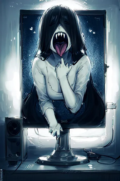 ((best quality)), ((highly detailed)), masterpiece, absurdres, (detailed eyes, deep eyes), (1girl), fisheye lense, cowboy shot, <lora:hairdetailer:.8>, <lora:yamamuraSadakoTheRing_v3:.6>, yamamura_sadako, very long hair, ((black hair)), hair over eyes), (eyes covered), (pale grey colored skin), (black lips), (mouth open, <lora:Better Sharp Teeth 3:.95>, (sharp teeth), tongue out, spoken heart), indoors, <lora:ConceptThroughScreen_v2:.8>, through_screen, monitor, keyboard, in a bedroom, (night sky), in a creepy forest, horror /(theme/), (inside, in a dungeon), <lora:3Q-v4:.9>
