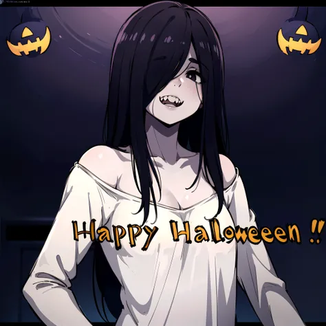 (1 , solo:1.4), <lora:sadako_v3:0.8>, yamamura_sadako, (grey skin:1.2), skinny, small breasts, creepy evil smile, crawling out of tv, black eyes, hair over eyes, eyes covered, sharp teeth, (lips), white dress, (ray tracing:1.2), penumbra, monitor, (dark room background:1.2), (happy halloween text), (masterpiece, best quality:1.4), (highly detailed:1.2),
