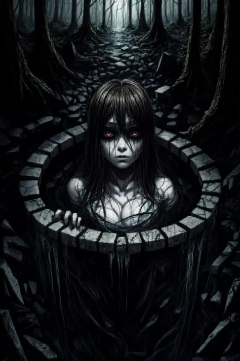 dark art, thick outlines, comics, photorealistic, perfect hands, masterpiece:1.2, crawling out of a well, forest, haunted, night, creepy, horror, 1 girl, emotionless, <lora:sadako_v3:0.9> black eyes, white skin color, long black hair, hair over eyes, covered eyes, white dress, small breast, detailed background, detailed face, detailed eyes, <lora:add_detail:0.8>