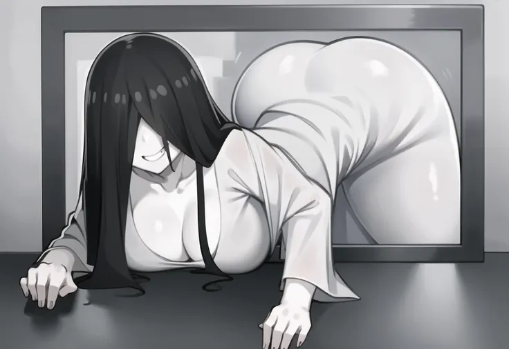 ((masterpiece)), (best quality), (absurdres), black hair, yamamura_sadako, white dress, (grey skin), hair over eyes, eyes covered, looking at viewer, evil smile, creepy smile, all fours,<lora:sadako_v3:0.8> through_screen, tv, <lora:ConceptThroughScreen_v2:1>, from side