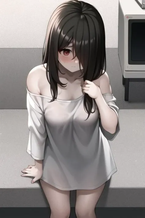 <lora:yamamuraSadakoTheRing_v3:1>, <lora:oversizedShirt_v10:1>, masterpiece, best quality, 1girl, cute girl, young girl, small girl, small breasts, white shirt, long hair, hair over eyes, ((eyes covered)), black hair, sitting on old TV, embarrassed, looking away, blush, oversized shirt, off shoulder, (from above), full body
