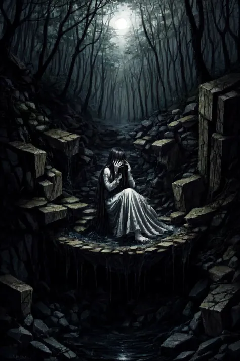 dark art, thick outlines, comics, photorealistic, perfect hands, masterpiece:1.2, crawling out of a well, forest, haunted, night, creepy, horror, 1 girl, emotionless, <lora:sadako_v3:0.9> black eyes, white skin color, long black hair, hair over eyes, covered eyes, white dress, small breast, detailed background, detailed face, detailed eyes, <lora:add_detail:0.8>