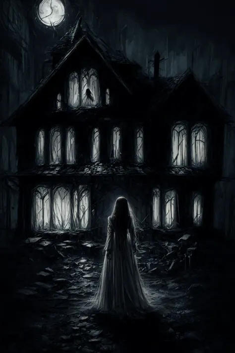 dark art, thick outlines, comics, photorealistic, perfect hands, masterpiece:1.2, old house, haunted, televisor, night, creepy, horror, 1 girl, <lora:sadako_v3:1> black hair, hair over eyes, white dress, small breast, detailed background, detailed face, detailed eyes, <lora:add_detail:0.8>