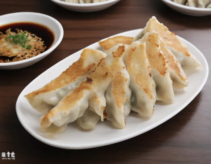 A delectable presentation of gote (dumplings) beautifully arranged on a plate. The gote are golden brown, freshly cooked with visible pleats, and garnished with herbs or a dipping sauce. The plate is set on a table with elegant tableware, perhaps with chopsticks or a traditional serving spoon. The scene should be as vivid and appetizing as a high-resolution photograph in a gourmet magazine, with warm and inviting lighting that emphasizes the texture and color of the gote , the shine of the sauce, and the elegance of the presentation, <lora:GT:0.75>,