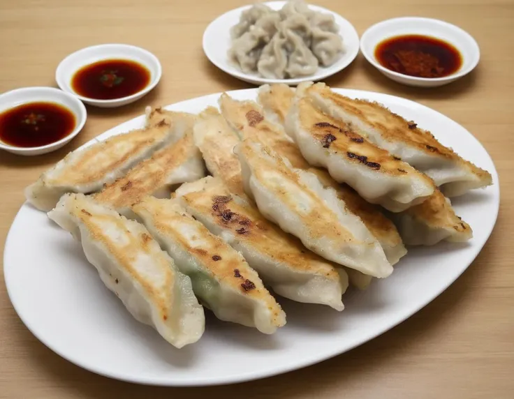 A delectable presentation of gote (dumplings) beautifully arranged on a plate. The gote are golden brown, freshly cooked with visible pleats, and garnished with herbs or a dipping sauce. The plate is set on a table with elegant tableware, perhaps with chopsticks or a traditional serving spoon. The scene should be as vivid and appetizing as a high-resolution photograph in a gourmet magazine, with warm and inviting lighting that emphasizes the texture and color of the gote , the shine of the sauce, and the elegance of the presentation, <lora:GT:0.75>,