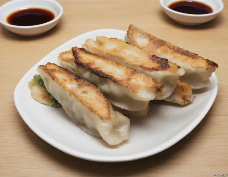 A delectable presentation of gote (dumplings) beautifully arranged on a plate. The gote are golden brown, freshly cooked with visible pleats, and garnished with herbs or a dipping sauce. The plate is set on a table with elegant tableware, perhaps with chopsticks or a traditional serving spoon. The scene should be as vivid and appetizing as a high-resolution photograph in a gourmet magazine, with warm and inviting lighting that emphasizes the texture and color of the gote , the shine of the sauce, and the elegance of the presentation, <lora:GT:0.75>,