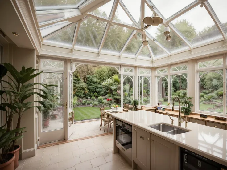 <lora:mansion conservatory-v1.0:1.0> 1970s, mansion conservatory, sharp, realistic, 4k, film grain, bokeh, modern kitchen