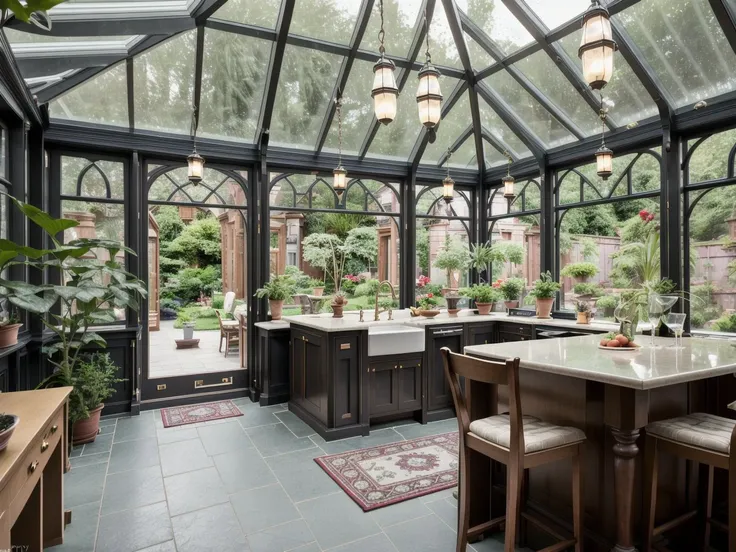 <lora:mansion conservatory-v1.0:1.0> mansion conservatory, sharp, realistic, 4k, film grain, bokeh, modern kitchen