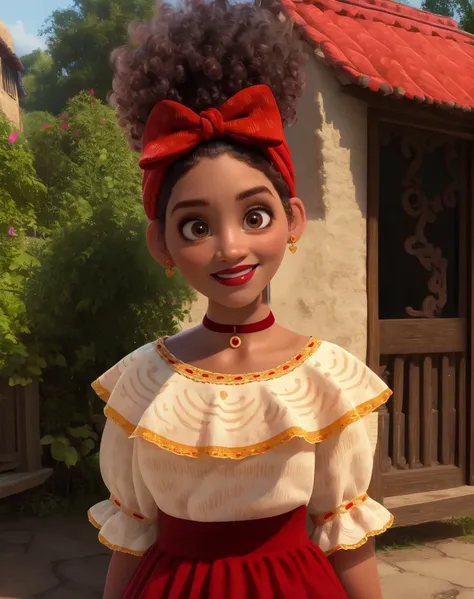 dolores,brown hair,upward hair,
hair bow,earrings,red choker,shirt,skirt,
standing,upper body,
village,outside,smile,
(insanely detailed, beautifu l detailed face, masterpiece, best quality),<lora:doloresENC:0.8>,
