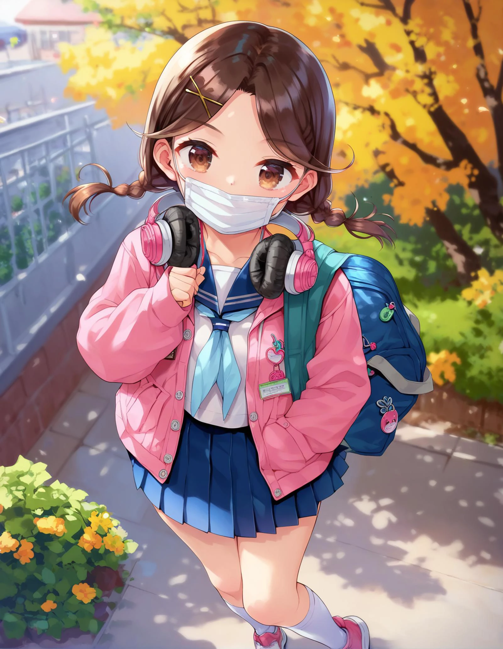 score_9,score_8_up,score_7_up,score_6_up,1girl in the park, standing, smile, headphones around neck, headphones, skirt, school uniform, pleated skirt, socks, pink jacket, hair ornament, mask pull, twintails, hairclip, serafuku, respirator, surgical mask, light blue neckerchief, bag, mask around neck, sailor collar, open jacket, sneakers, open clothes, hood, kneehighs, long sleeves, braid, shirt, x hair ornament, low twintails, parted bangs, school bag, twin braids, hooded jacket, short hair, <lora:minasuki_popuri_style_pony6_v1-000036:1>, brown hair, brown eyes,