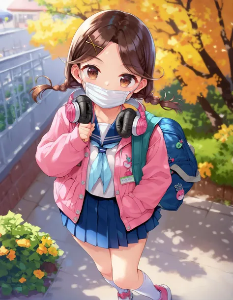 score_9,score_8_up,score_7_up,score_6_up,1girl in the park, standing, smile, headphones around neck, headphones, skirt, school uniform, pleated skirt, socks, pink jacket, hair ornament, mask pull, twintails, hairclip, serafuku, respirator, surgical mask, light blue neckerchief, bag, mask around neck, sailor collar, open jacket, sneakers, open clothes, hood, kneehighs, long sleeves, braid, shirt, x hair ornament, low twintails, parted bangs, school bag, twin braids, hooded jacket, short hair,  <lora:minasuki_popuri_style_pony6_v1-000036:1>, brown hair, brown eyes,